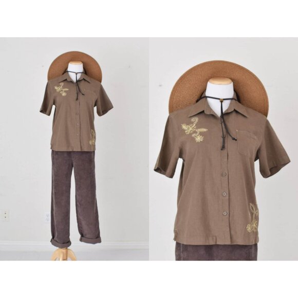 Vintage 90s Brown Embroidered Blouse‎ - Picture 1 of 10